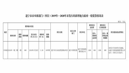 遂寧市市本級(jí)部門(mén)（單位）2019年—2020年末發(fā)行的新增地方政府一般債券情況表